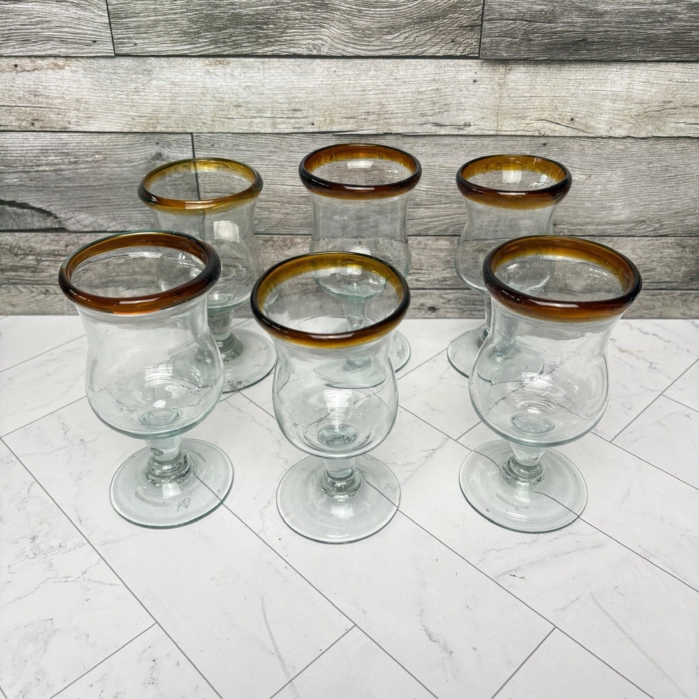 Hand Blown Cordial Glasses Mexican Brown Amber Rim - Set Of 6 - 5" Tall